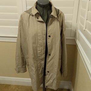 Tan, lined, hooded, zippered mid thigh tain coat